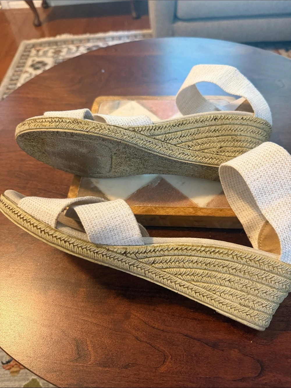 CHARLESTON SHOE CO. White and beige Crisscross Wedge Sandals